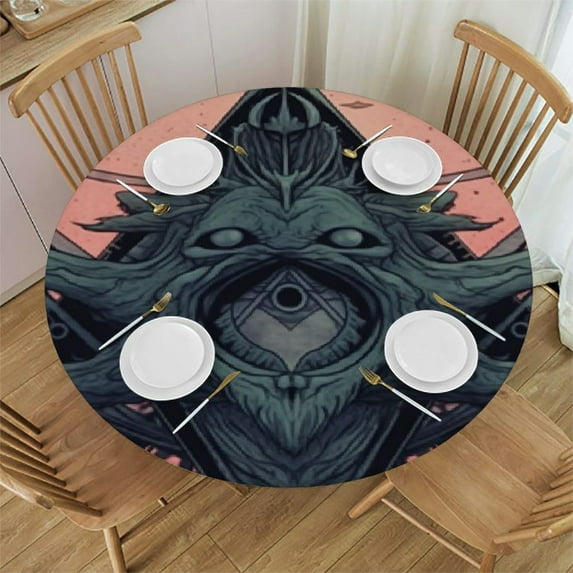 Awypu Magic Geometric Round Fitted Tablecloth with Elastic Edge Fitted Table Cloth for Round Table Circular Table Cover Waterproof Wipeable Round Elastic Table Cloth White