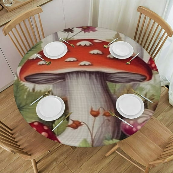 Awypu Mushroom Round Tablecloth Waterproof Fabric Table Cloth Protector, Farmhouse Vegetables Teal Botanical Burlap Tablecloths Washable Table Cover for Kitchen Banquet Coffee Table Party White