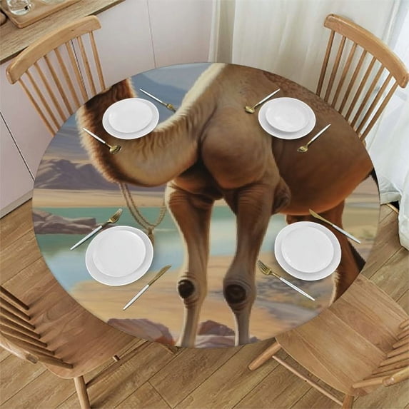 CMMY Natural Animal Round Fitted Tablecloth with Elastic Edge Fitted Table Cloth for Round Table Circular Table Cover Waterproof Wipeable Round Elastic Table Cloth White
