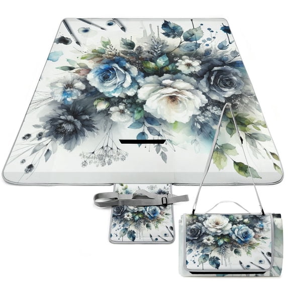 Awypu Navy Decorative Boho Floral Roses Flower White Gray Watercolor Décor Square Outdoor Picnic Blanket 58.3x58.3in