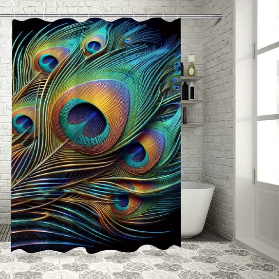 Awypu Overlapping Green Blue Peacock Feathers Animal Bird Chic Modern Bathroom Decor Waterproof Shower Curtain Multiple Sizes White