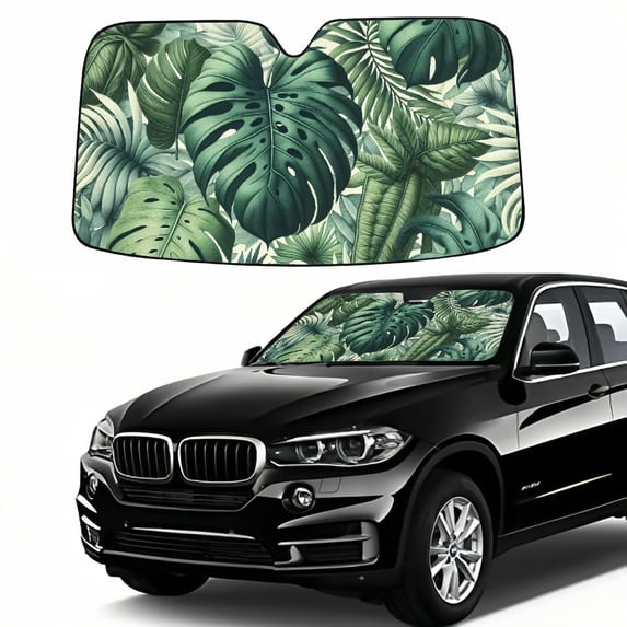 Awypu Palm Leaf Green Tropical Leaves Decorative Sunshades Car Sun Shade Windshield 51.18*27.59 in