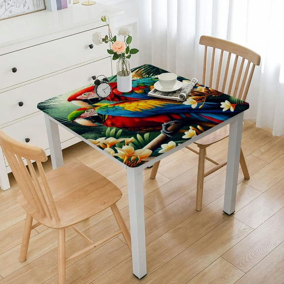 Awypu Parrots Sea Beach Hawaiian Palm Tree Banana Leaf Flowers Summer Colorful Hawaiian Tropical Plants Palm Leaf Decorations Square Table Cover 100% Polyester Fiber 40*40