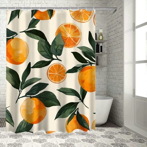 Awypu Pattern of Orange Mandarin and Tangerine Illustrations Waterproof Bathroom Shower Curtain Set with Hooks White