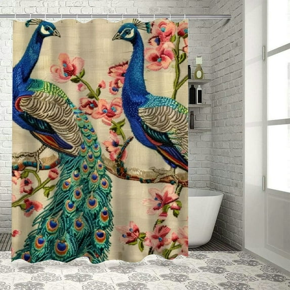 Awypu Peacock Tropical Japanese Cherry Blossoms Sakura Flowers Waterproof Shower Curtain for Bathroom White