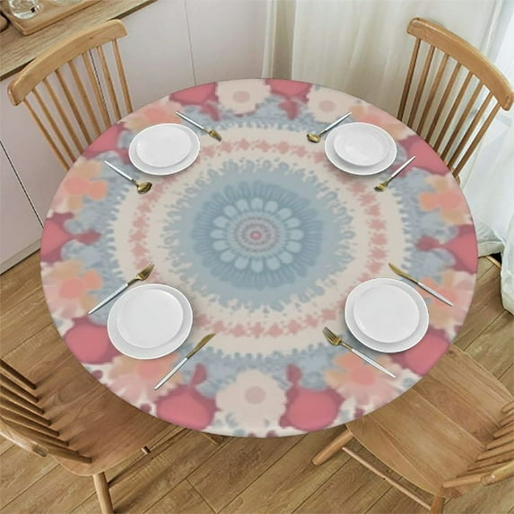 Awypu Pink Rose Flower Elastic Edged Round Fitted Table Cloth Cover, Waterproof Wrinkle Free Round Tablecloth, Home Decorative Tablecloth for Indoor Outdoor Kitchen Party White