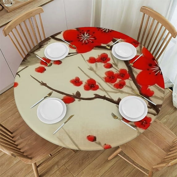 Awypu Plum Blossom Butterfly Round Tablecloth with Elastic Edged Fitted Table Cloths Cover Mat Washable Polyester Spill Proof Table Covers for Indoor outdoor Dinning Patio Table White