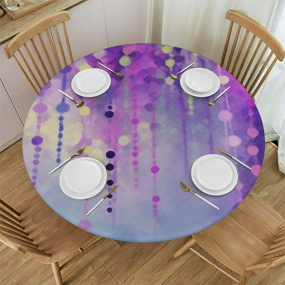 Awypu Purple Flower Lavender Round Tablecloth with Elastic Edged Fitted Table Cloths Cover Mat Washable Polyester Spill Proof Table Covers for Indoor outdoor Dinning Patio Table White