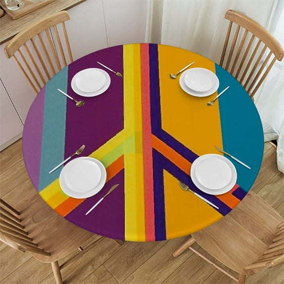 Awypu Rainbow Peace Round Fitted Tablecloth with Elastic Edge Fitted Table Cloth for Round Table Circular Table Cover Waterproof Wipeable Round Elastic Table Cloth White