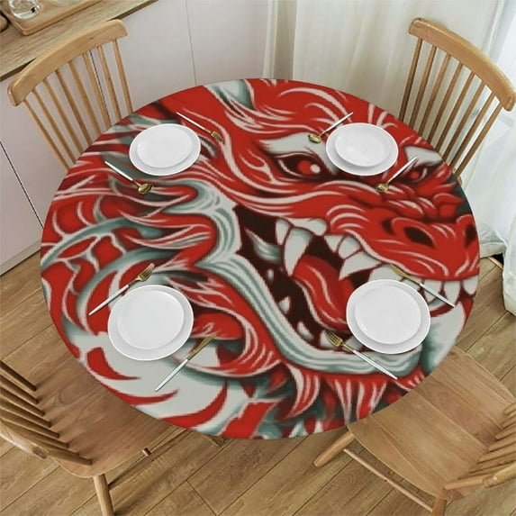 Awypu Red Dragon Pattern Round Tablecloth Fitted Table Cloth with Elastic Edge for Table,Cover Waterproof Wipeable, Two Sizes White