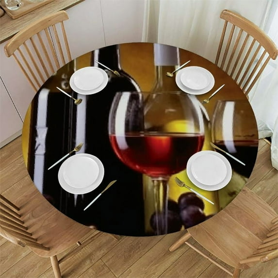 Awypu Retro Red Wine Round Tablecloth with Elastic Edged Fitted Table Cloths Cover Mat Washable Polyester Spill Proof Table Covers for Indoor outdoor Dinning Patio Table White