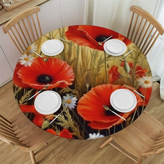 Awypu Round Fitted Tablecloth Art Flower Poppy Floral Retro Table Cloth with Elastic Edged Waterproof Wipeable Round Table Cover for Patio Parties Outdoor Decor White