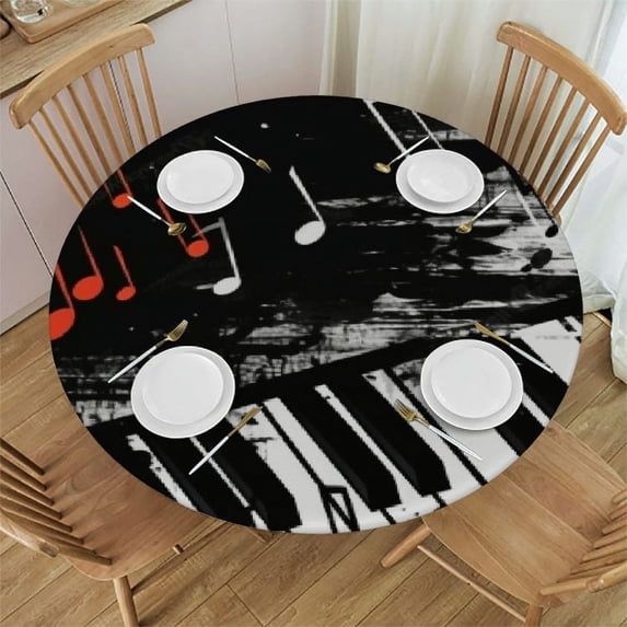 Awypu Round Fitted Tablecloth Art Piano Keys Music Note Table Cloth with Elastic Edged Waterproof Wipeable Round Table Cover for Patio Parties Outdoor Decor White
