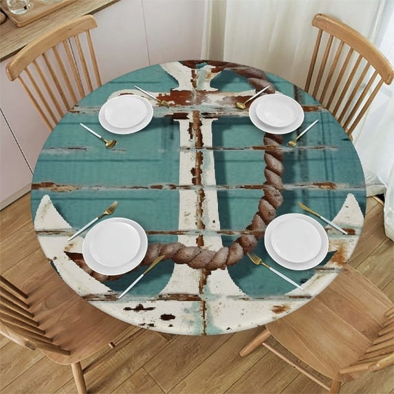 Awypu Round Fitted Tablecloth Beach Wooden Nautical Anchor Table Cloth with Elastic Edged Waterproof Wipeable Round Table Cover for Patio Parties Outdoor Decor White