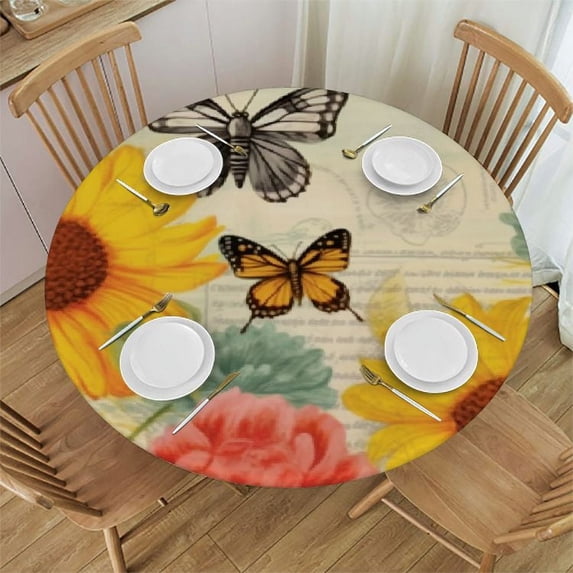 Awypu Round Fitted Tablecloth Butterfly Sunflower Retro Bee Floral Table Cloth with Elastic Edged Waterproof Wipeable Round Table Cover for Patio Parties Outdoor Decor White