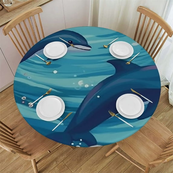 Awypu Round Fitted Tablecloth Cartoon Dolphin Sea Animals Table Cloth with Elastic Edged Waterproof Wipeable Round Table Cover for Patio Parties Outdoor Decor White