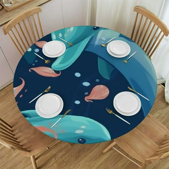 Awypu Round Fitted Tablecloth Cartoon Dolphin Sea Animals Table Cloth with Elastic Edged Waterproof Wipeable Round Table Cover for Patio Parties Outdoor Decor White