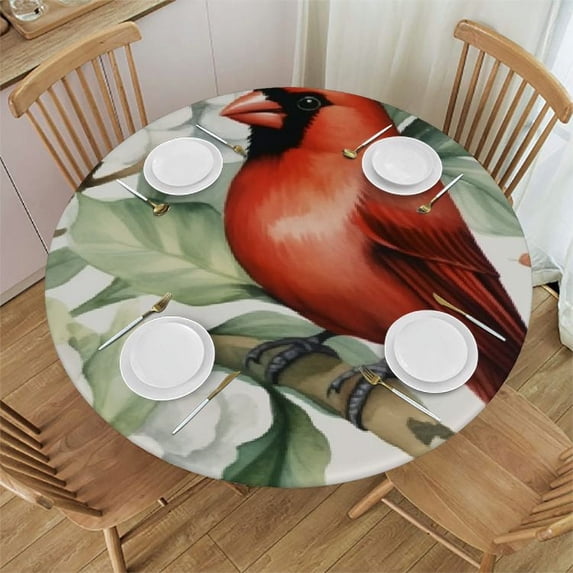 Awypu Round Fitted Tablecloth Christmas Holly Leaf Red Birds Table Cloth with Elastic Edged Waterproof Wipeable Round Table Cover for Patio Parties Outdoor Decor White