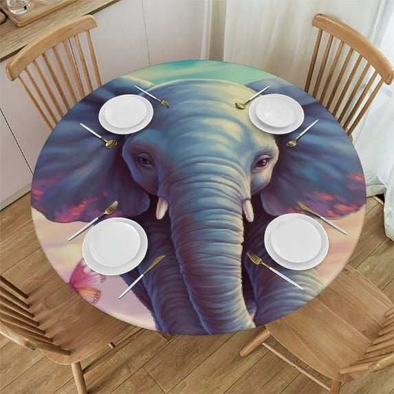 Awypu Round Fitted Tablecloth Cute Elephant Butterfly Spring Flower Table Cloth with Elastic Edged Waterproof Wipeable Round Table Cover for Patio Parties Outdoor Decor White