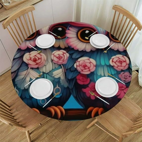 Awypu Round Fitted Tablecloth Cute Owl Branch Floral Birds Table Cloth with Elastic Edged Waterproof Wipeable Round Table Cover for Patio Parties Outdoor Decor White
