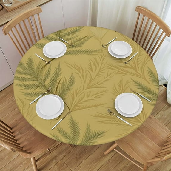 Awypu Round Fitted Tablecloth with Elastic Edged, Abstract Leaves Table Cloth for Dining Table Waterproof Oil Proof Table Cover for Indoor Outdoor Modern Minimalist Style White