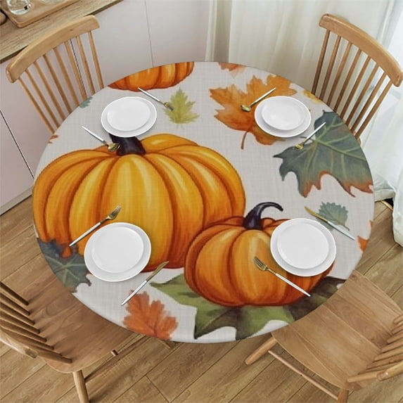 Awypu Round Fitted Tablecloth with Elastic Edged, Thanksgiving Table Cloth for Dining Table Fall Pumpkin Sunflower Filling Maple Leaves Waterproof Oil Proof Table Cover for Indoor Outdoor White