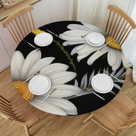 Awypu Round Fitted Tablecloth Elegant Flower Floral Daisy Table Cloth with Elastic Edged Waterproof Wipeable Round Table Cover for Patio Parties Outdoor Decor White