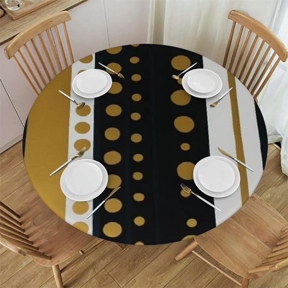 Awypu Round Fitted Tablecloth Golden Polka Dot Line Stripes Table Cloth with Elastic Edged Waterproof Wipeable Round Table Cover for Patio Parties Outdoor Decor White