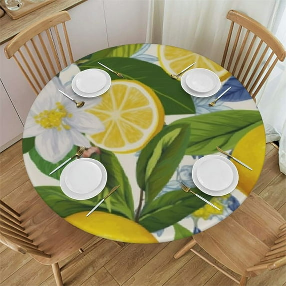 Awypu Round Fitted Tablecloth Lemon Flower Fruits Pattern Table Cloth with Elastic Edged Waterproof Wipeable Round Table Cover for Patio Parties Outdoor Decor White