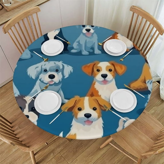 Awypu Round Fitted Tablecloth Lovely Dogs Cute Puppy Animal Table Cloth with Elastic Edged Waterproof Wipeable Round Table Cover for Patio Parties Outdoor Decor White