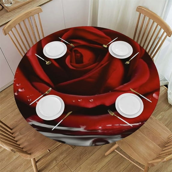 Awypu Round Fitted Tablecloth Red Rose Water Flower Table Cloth with Elastic Edged Waterproof Wipeable Round Table Cover for Patio Parties Outdoor Decor White