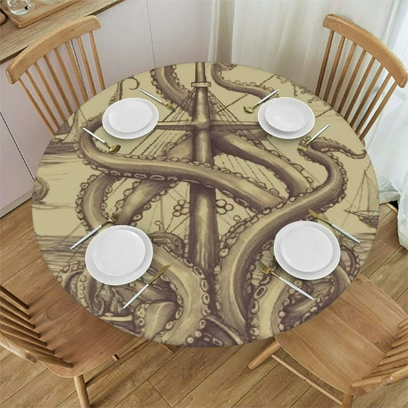 Awypu Round Fitted Tablecloth Retro Nautical Map Ocean Theme Table Cloth with Elastic Edged Waterproof Wipeable Round Table Cover for Patio Parties Outdoor Decor White
