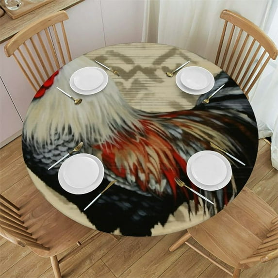 Awypu Round Fitted Tablecloth Retro Rooster Round Tablecloth with Elastic Edge Geometric Plaid Circular Table Cover Waterproof Wipeable Table Cloth White