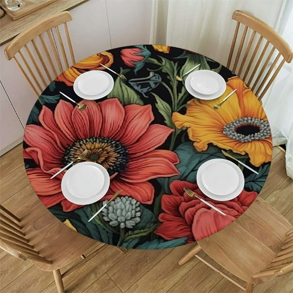 Awypu Round Fitted Tablecloth Wildflower Floral Pattern Table Cloth with Elastic Edged Waterproof Wipeable Round Table Cover for Patio Parties Outdoor Decor White