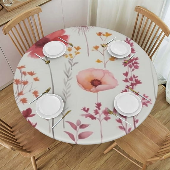 Awypu  Round Fitted Tablecloth Wildflowers Floral Watercolor Flower Table Cloth with Elastic Edged Waterproof Wipeable Round Table Cover for Patio Parties Outdoor Decor White