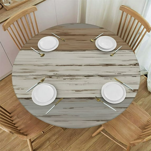 CMMY Round Fitted Tablecloth Wooden Texture Print Rustic Style Table Cloth with Elastic Edged Waterproof Wipeable Round Table Cover for Patio Parties Outdoor Decor White