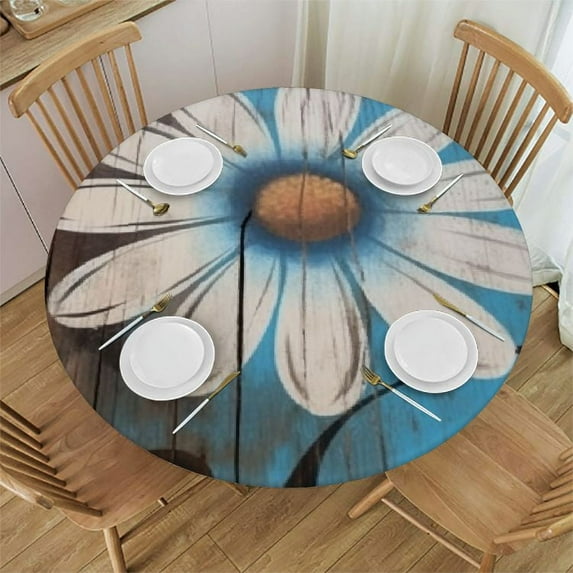 Awypu Rustic Daisy Round Tablecloth Vintage Flower on Wood Grain Board Circle Table Cloth Cabin Country Style Table Cover Heat Resistant for Kitchen Dining Indoor Outdoor Decor White