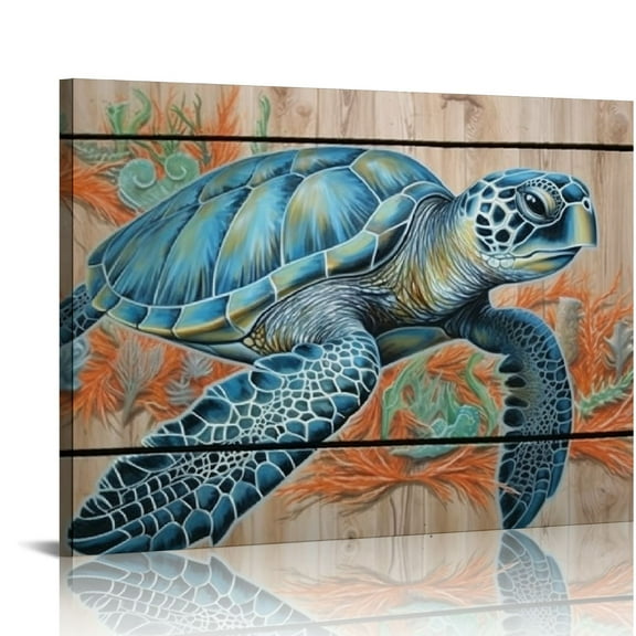 Awypu Sea Turtle Bathroom Wall Decor: Teal Coral Canvas Wall Art Sea Turtle Painting Gifts for Turtle Lovers Women Bedroom Office Home Decorations Rustic Swimming Turtle Picture Print Framed