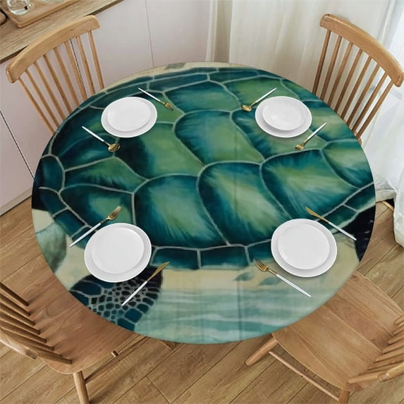 Awypu Sea Turtle Retro Map Round Tablecloth with Elastic Edged Nautical Seaweed Starfish Fitted Table Cloths Cover Mat Washable Spill Proof Table Covers for Indoor outdoor Dinning Patio Table White