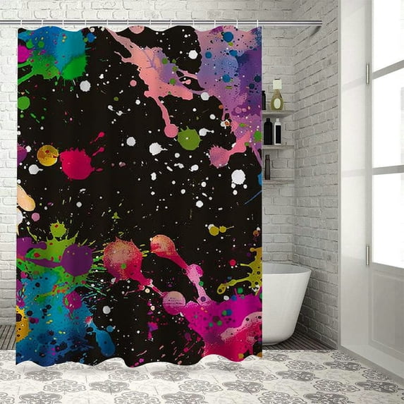 Awypu Shower Curtain Abstract Graffiti Colorful Neon Paint Splatters on Black Square Decorative Waterproof Shower Curtain Multiple Sizes White
