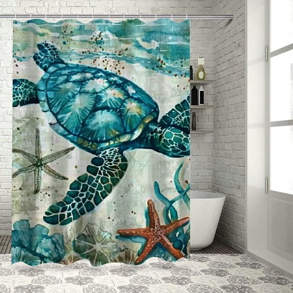 Awypu Shower Curtain Sea Turtle Ocean Theme (Sea Turtle) - Waterproof, Various Sizes, Easy Installation White