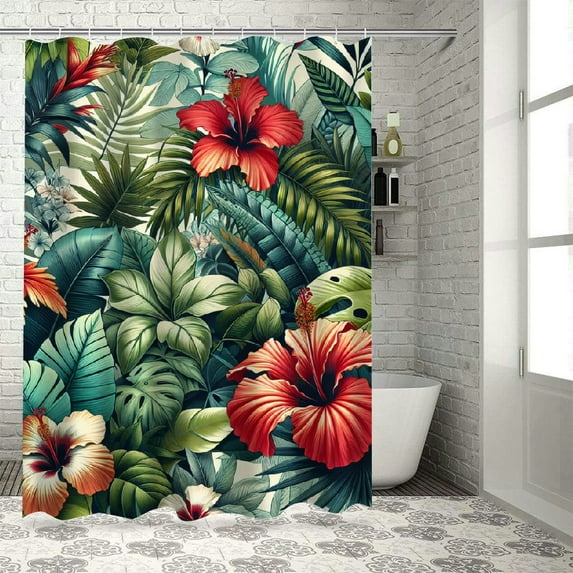 Awypu Shower Curtain Set Hibiscus Beautiful Flowers Summer Colorful Hawaiian Tropical Plants Palm Leaf White