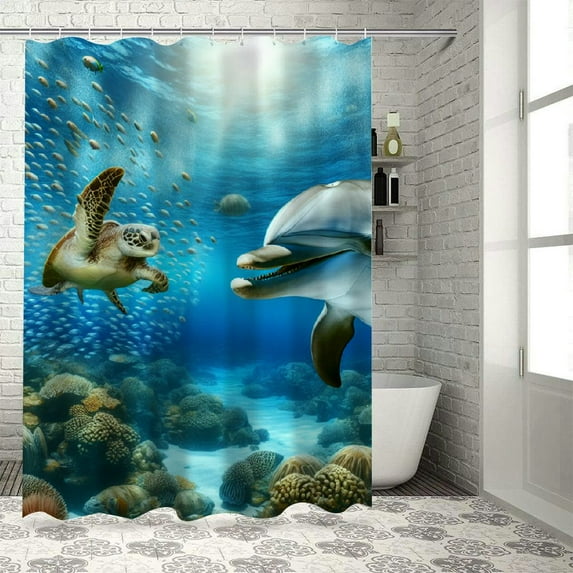 Awypu Shower Curtain Set Satin Sea Ocean Turtle Dolphin Envelope Closure White