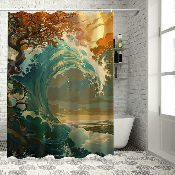 Awypu Shower Curtain Set Waterproof Bathroom Curtain Japanese Style Seaside Sunset Retro Illustration White