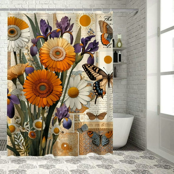 Awypu Shower Curtain Set Waterproof Orris Flower with Vintage Butterfly Stamp Retro Letter Violet Yellow Green Home Decorative White