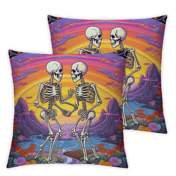 Awypu Skeletons Psychedelic Landscape Art Plush Pillowcase Set of 2 Aesthetic Decorative High-Quality 2-Piece Pack 12x12in