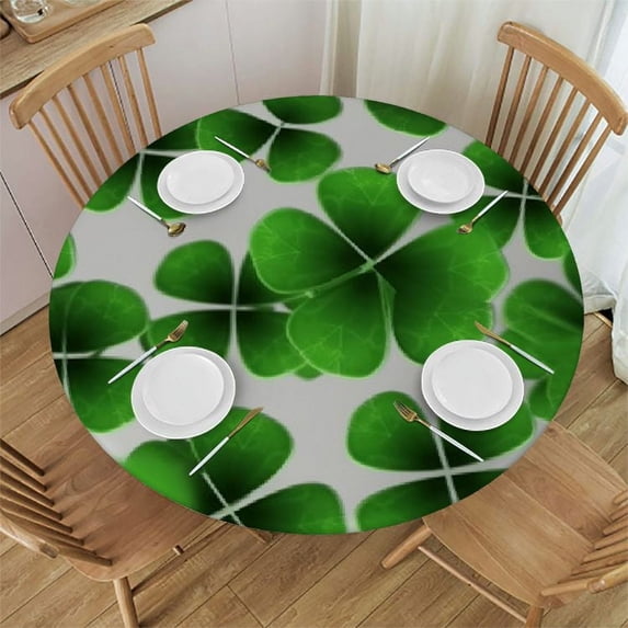 Awypu St. Patrick's Day Green Clover Round Tablecloth with Elastic Edged Lucky Leaves Fitted Table Cloths Cover Mat Washable Spill Proof Table Covers for Indoor OutdoorDinning Patio Table White