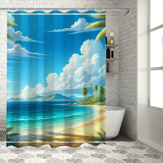 Awypu Summer Beach Theme Palm Tree Tropical Sandy Sea Ocean Vocation Natural Plant Decor Shower Curtain Set White