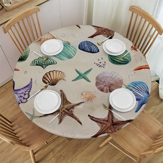 Awypu Summer Shell Starfish, Round Tablecloth Fade Resistant Anti-Shrink Table Cloth Washable Table Cover for Indoor or Outdoor and Anywhere You Wanna use it White