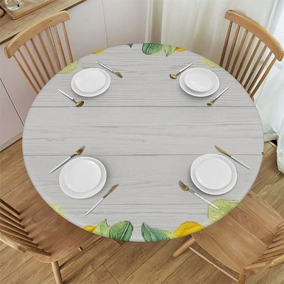 Awypu Summer Yellow Lemon, Elastic Fitted Edged Round Tablecloth Fade Resistant Anti-Shrink Table Cloth Washable Table Cover for Indoor or Outdoor and Anywhere You Wanna use it White